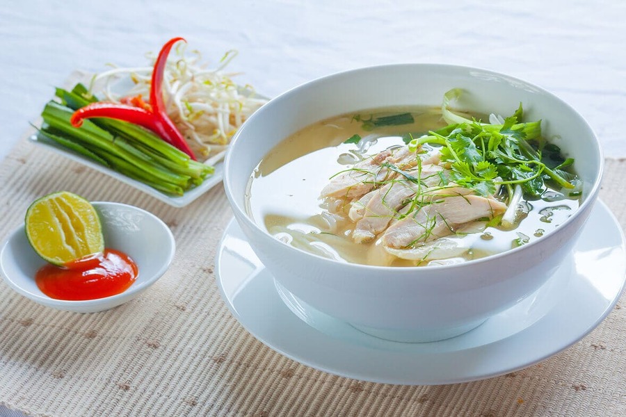 Bowl of pho ga, a classic breakfast dish in Vietnam.